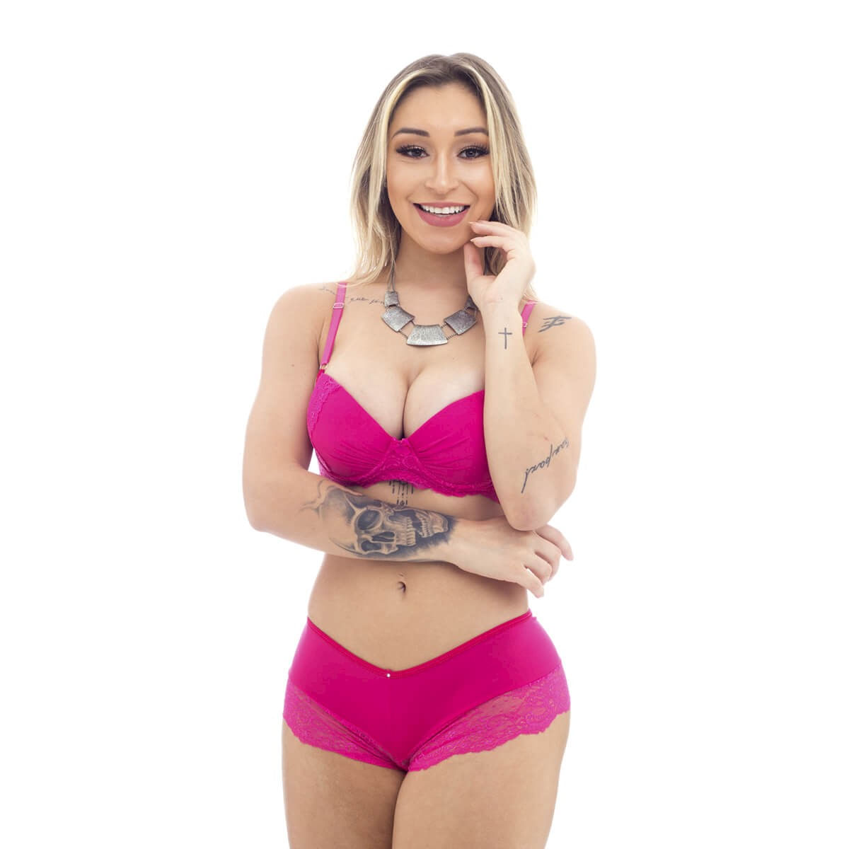 Conjunto Caleçon em Microfibra e Renda com Detalhes em Lacinho e Strass