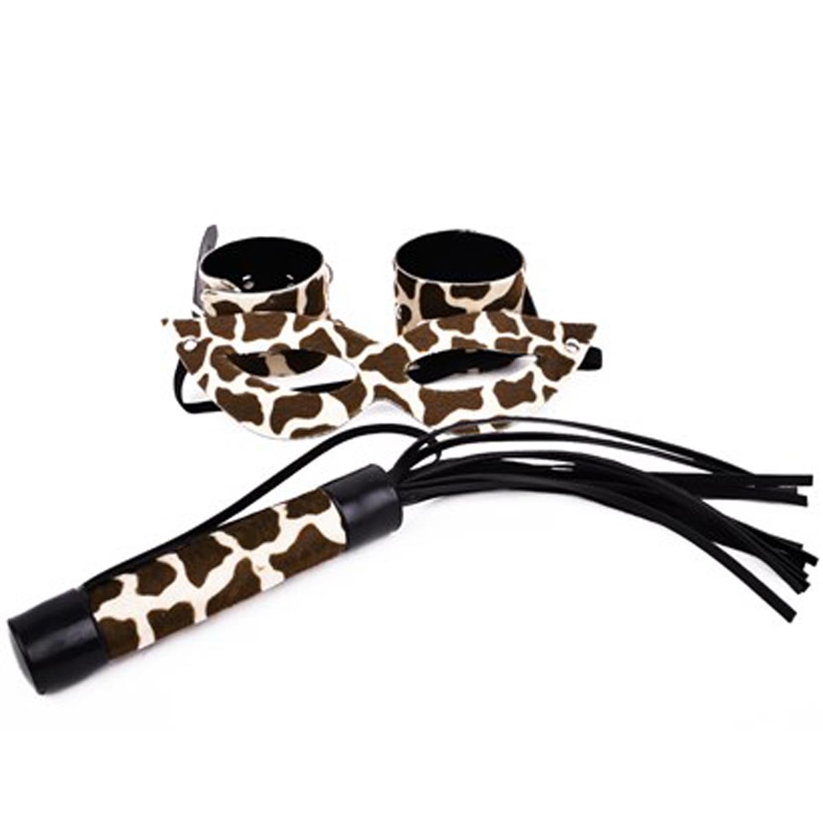 Kit Bracelete com Algema, Chicote e Máscara Tiazinha Estampada em Girafa Dominatrixxx