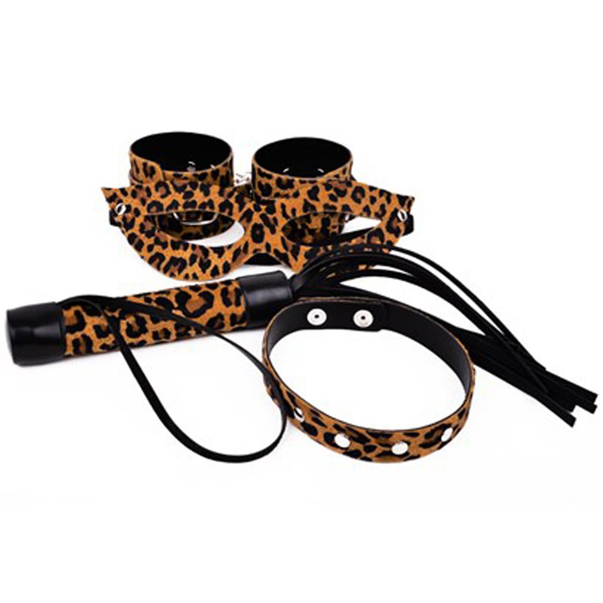 Kit Bracelete, Máscara Tiazinha, Chicote e Gargantilha Estampados em Leopardo Dominatrixxx