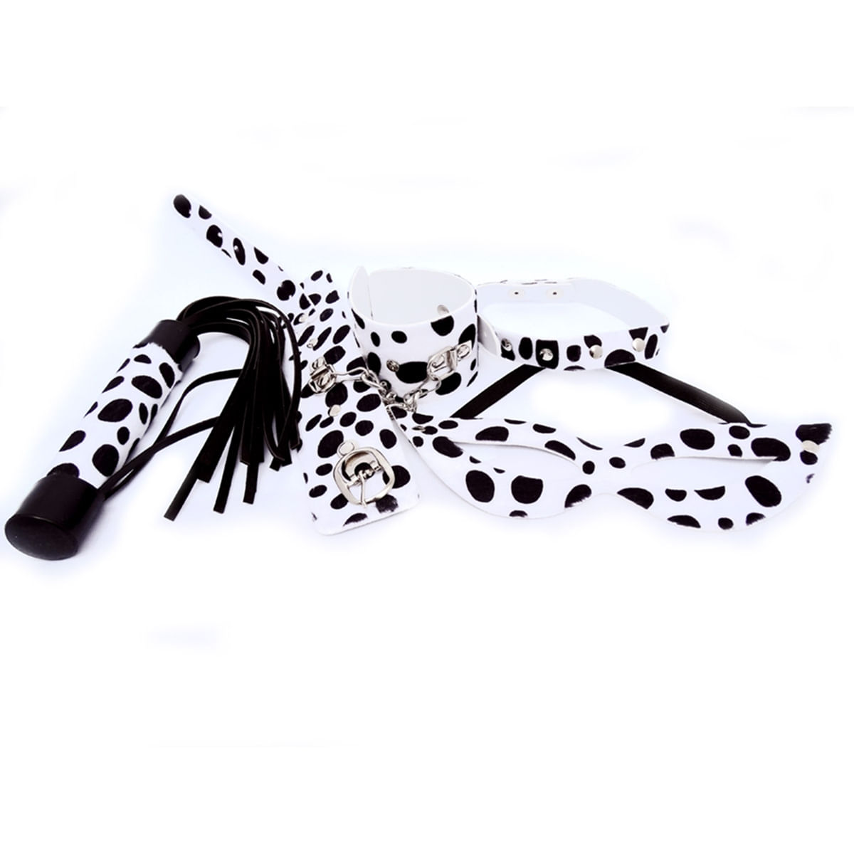 Kit Bracelete, Máscara Tiazinha, Chicote e Gargantilha Estampados em Dalmata Dominatrixxx