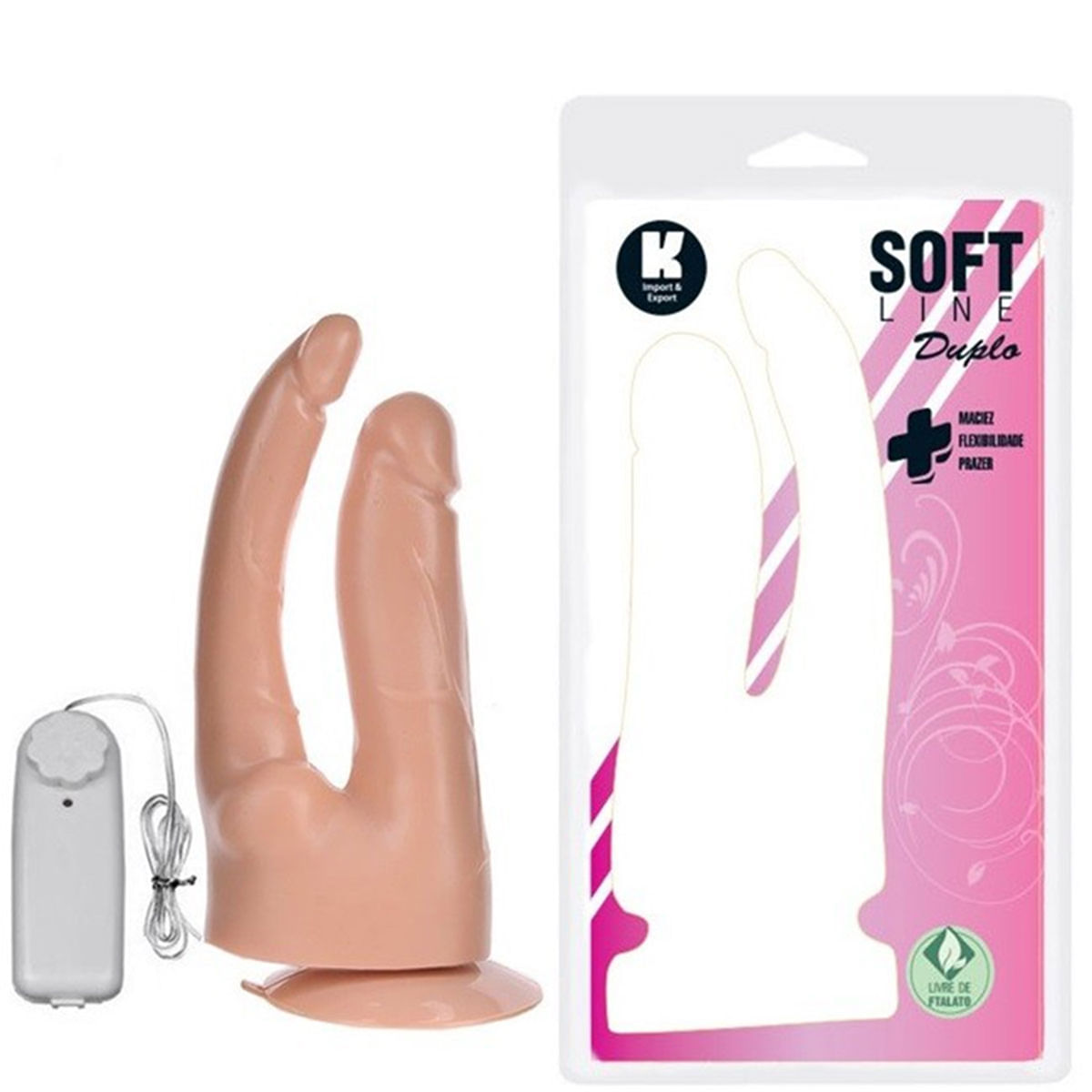 Pênis Realístico Duplo Com Vibrador 18cm e 17 cm Soft Line K import Pênis Realístico Duplo Com Vibrador 18cm e 17 cm Soft Line K import