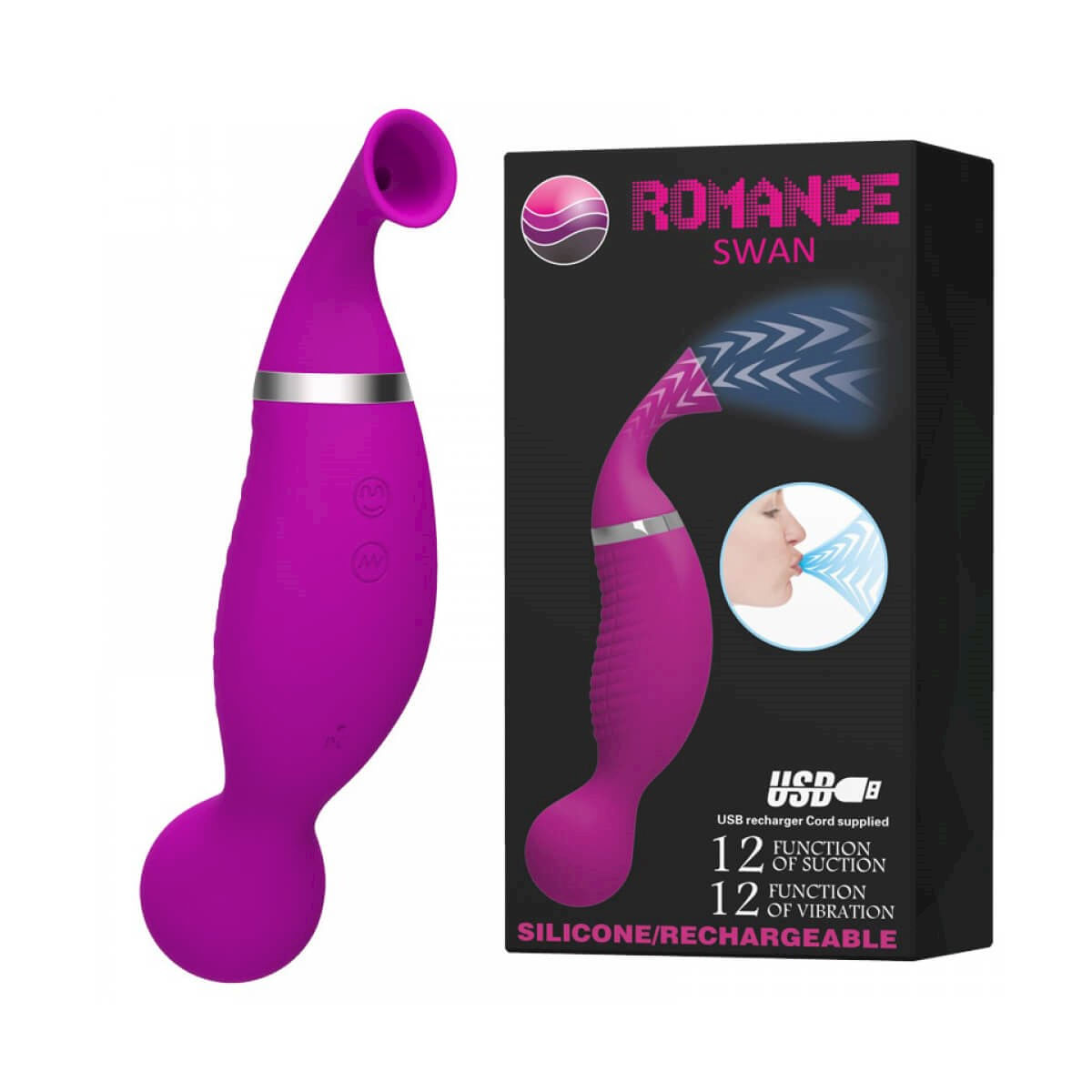 Estimulador Duplo em Silicone Romance Swan com 12 Modos de Sucção e Vibração Miss Collection