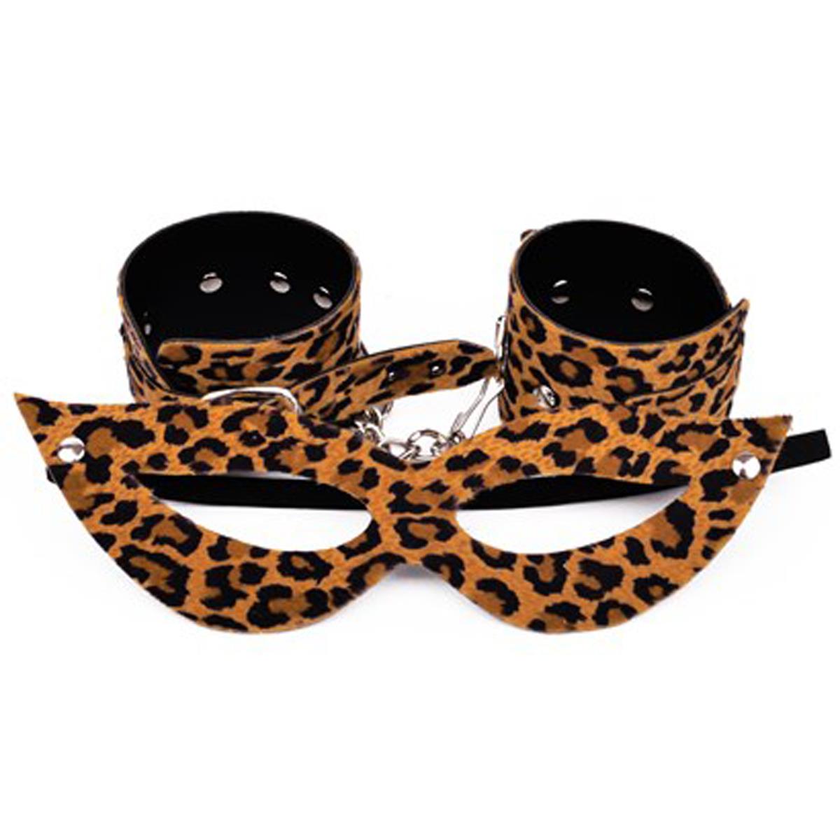 Kit Bracelete com Algema e Máscara Tiazinha Estampada em Leopardo Dominatrixxx