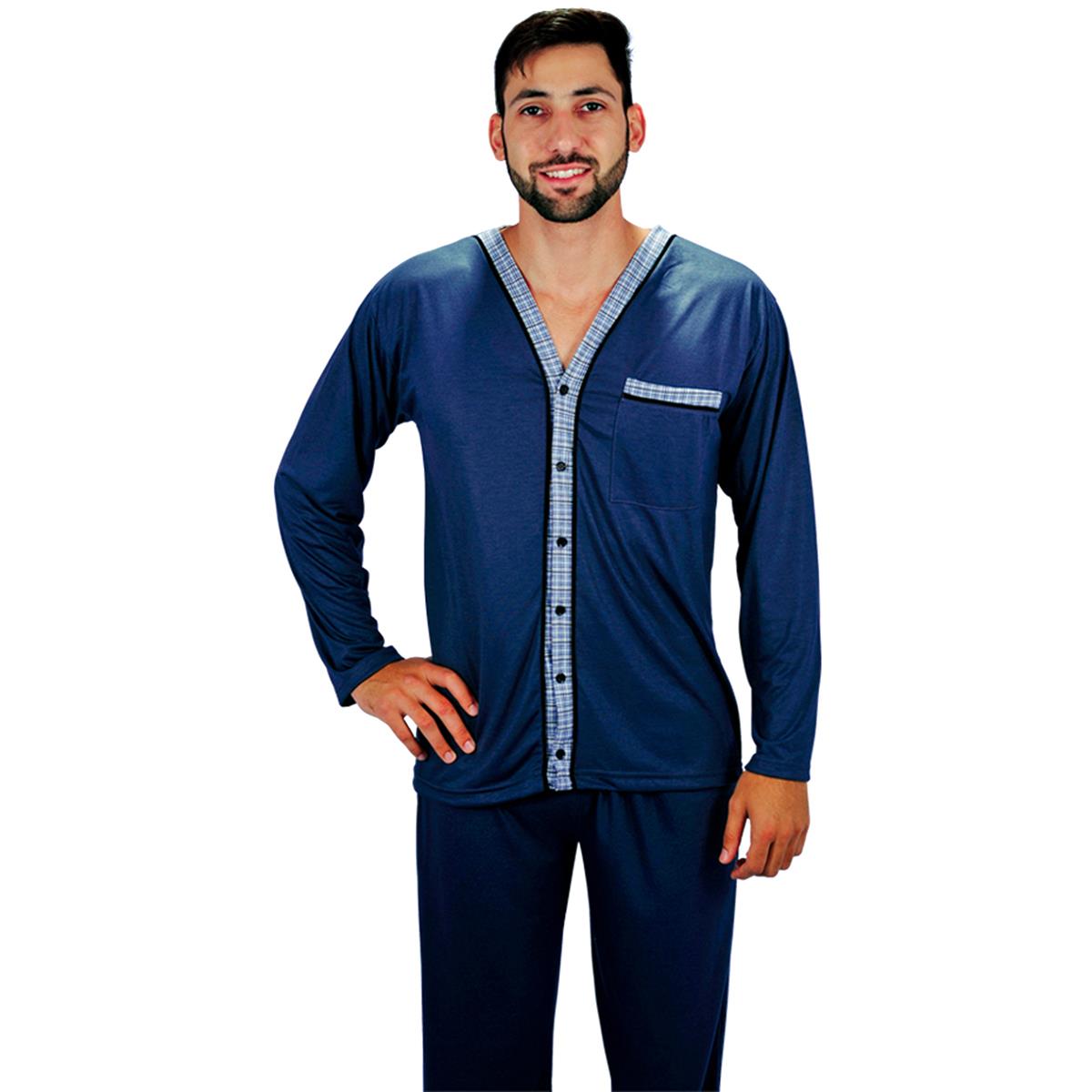 Pijama longo em algodão blusa com abertura em botões e detalhes estampados ,calça lisa - Gatto Style
