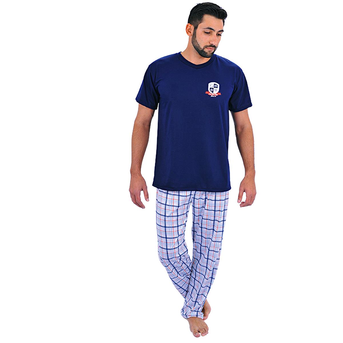 Pijama longo em algodão blusa com detalhe de estampa e calça quadriculada - Gatto Style