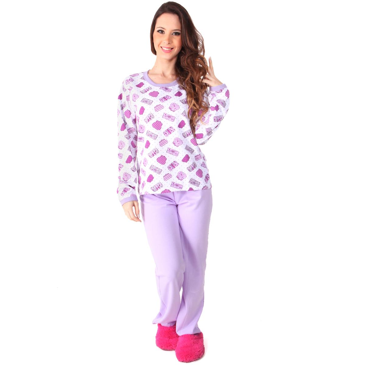 Pijama longo em algodão com blusa estampada e calça lisa - Gatto Style