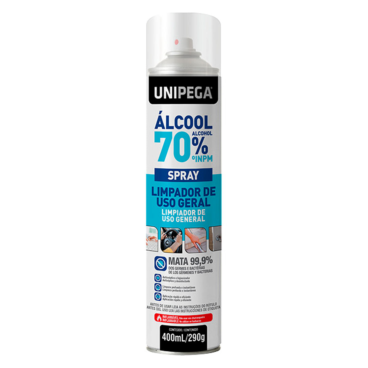 Álcool 70% INPM em Spray Limpador de Uso Geral Ideal para a Prevenção do Coronavírus 400ml Unipega