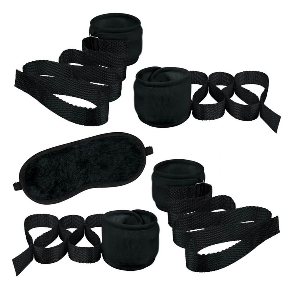 Kit bondage com algema tornozeleira e venda em pelúcia la pimienta