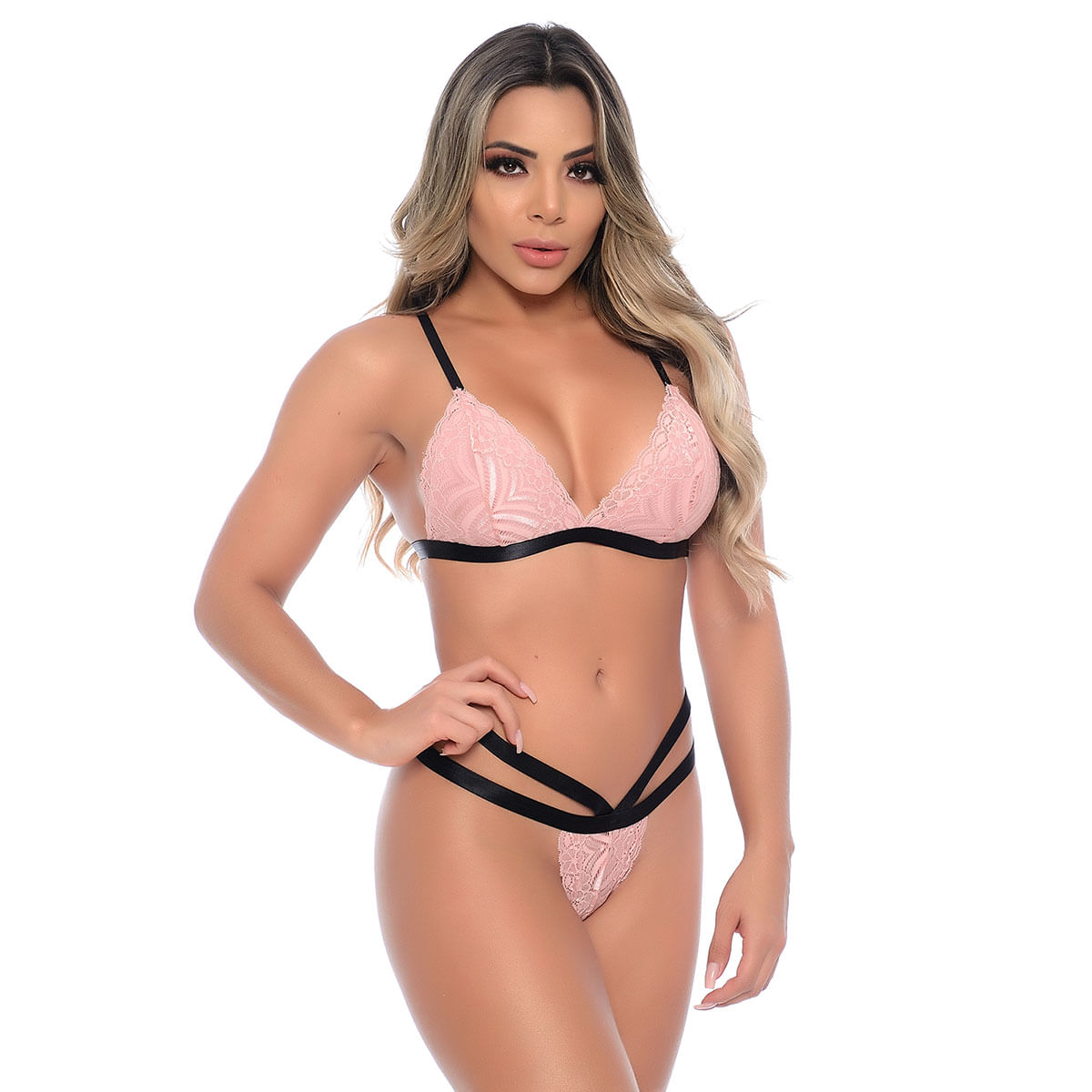 Conjunto Strappy Sem Bojo em Renda Floral Patitex