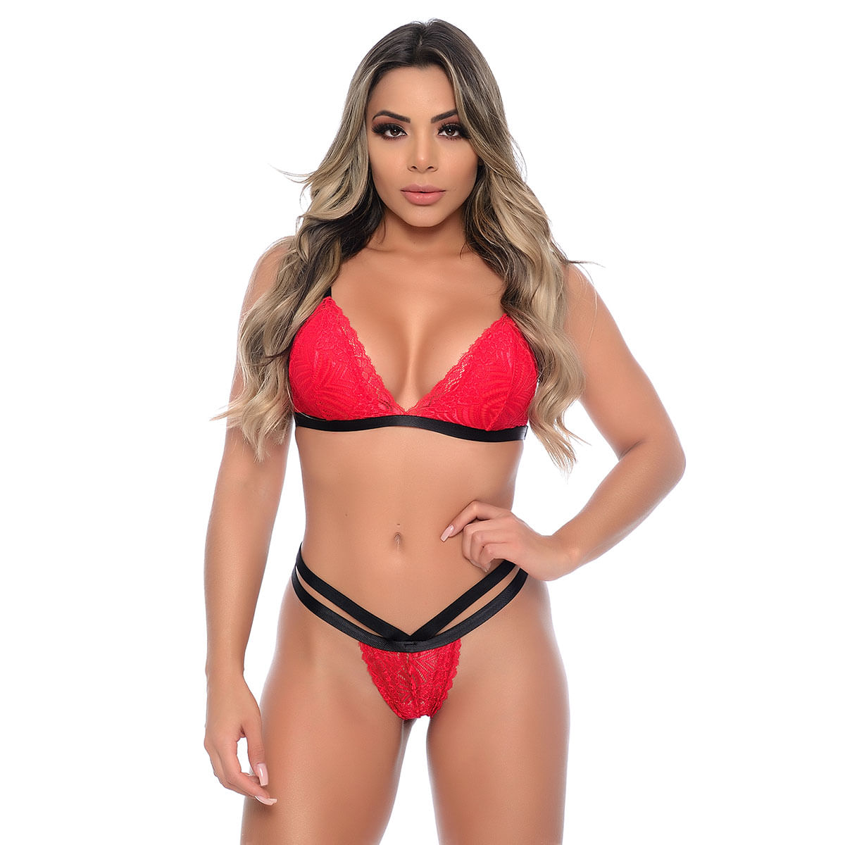 Conjunto Strappy Sem Bojo em Renda Floral Patitex