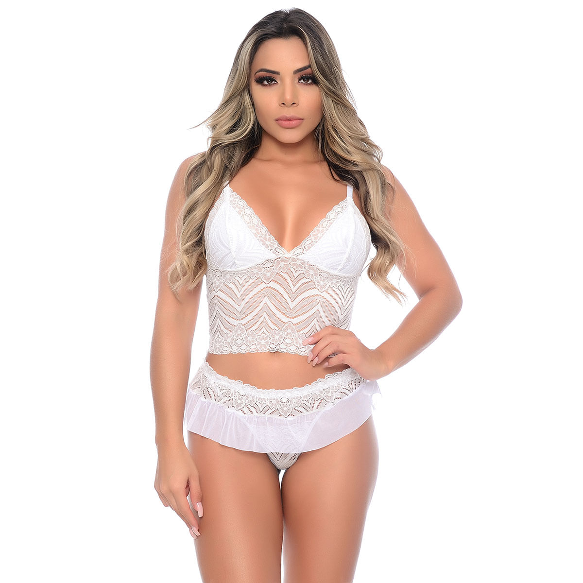 Conjunto Cropped com Sainha em Renda e Tule Patitex