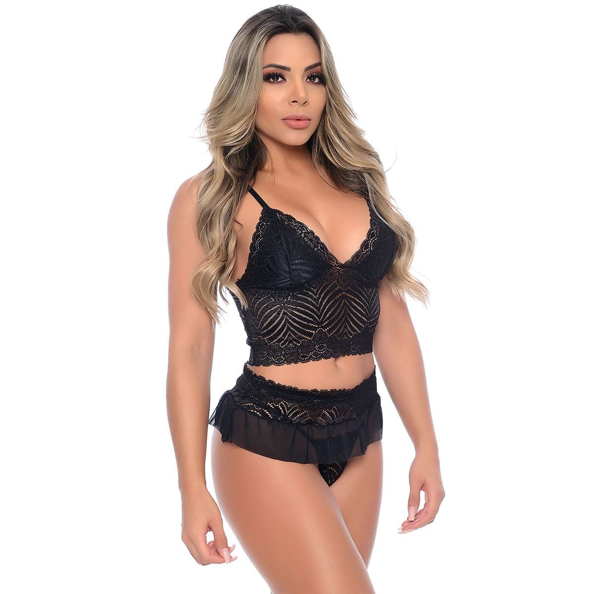 Conjunto Cropped com Sainha em Renda e Tule Patitex
