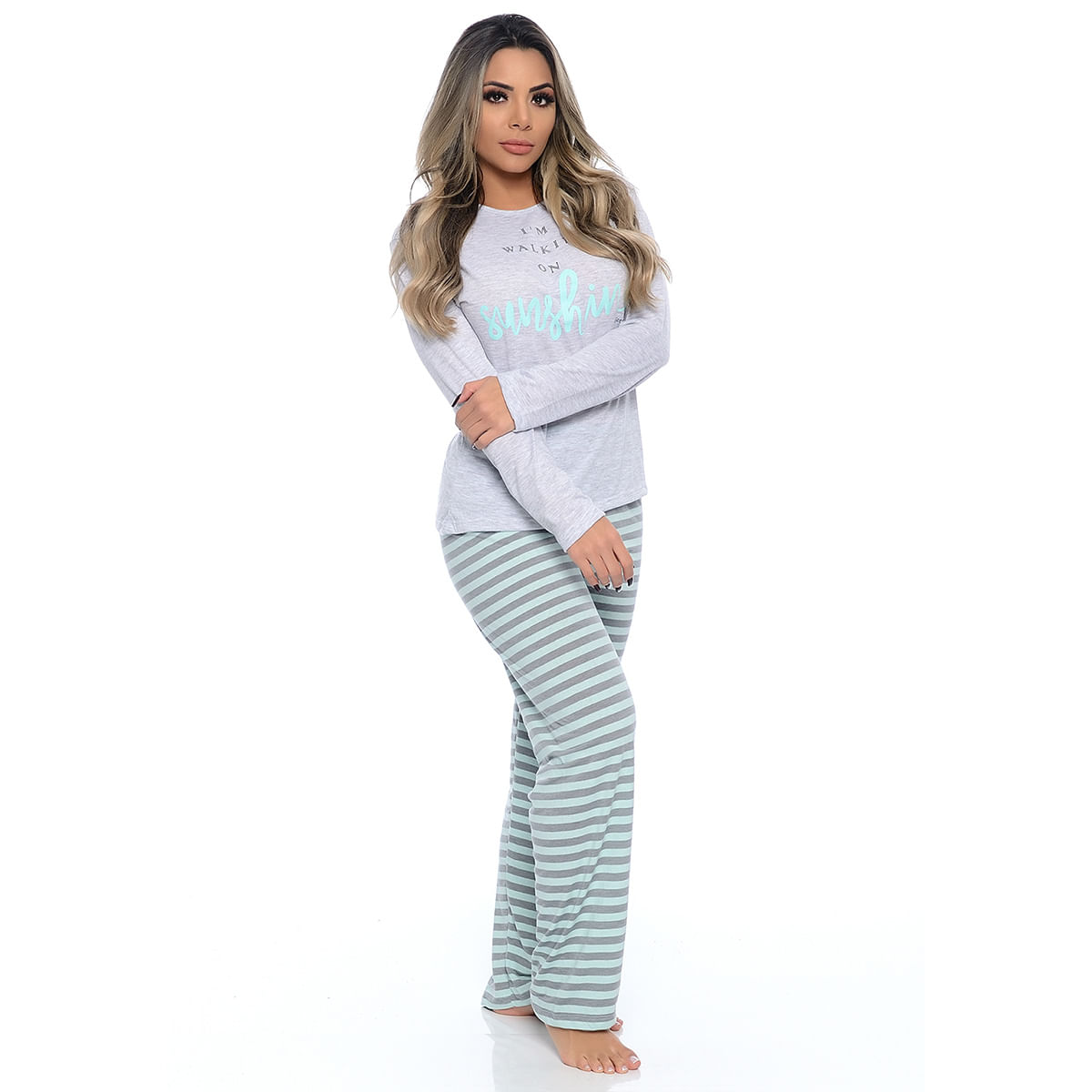 Pijama Feminino Calça Listrada com Manga Comprida Victory