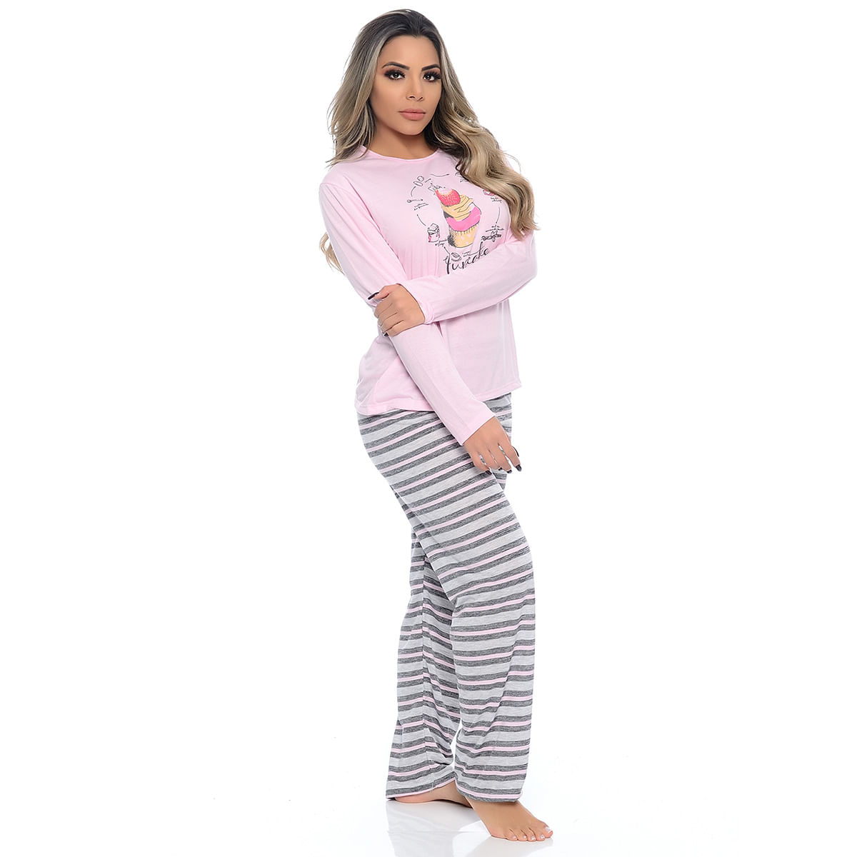 Pijama Feminino Calça Listrada com Manga Comprida Victory