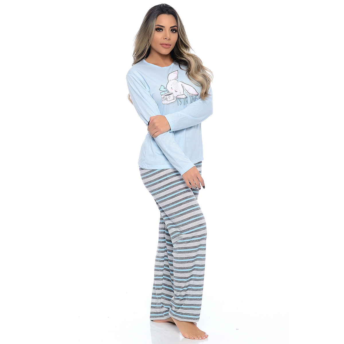 Pijama Feminino Calça Listrada com Manga Comprida Victory
