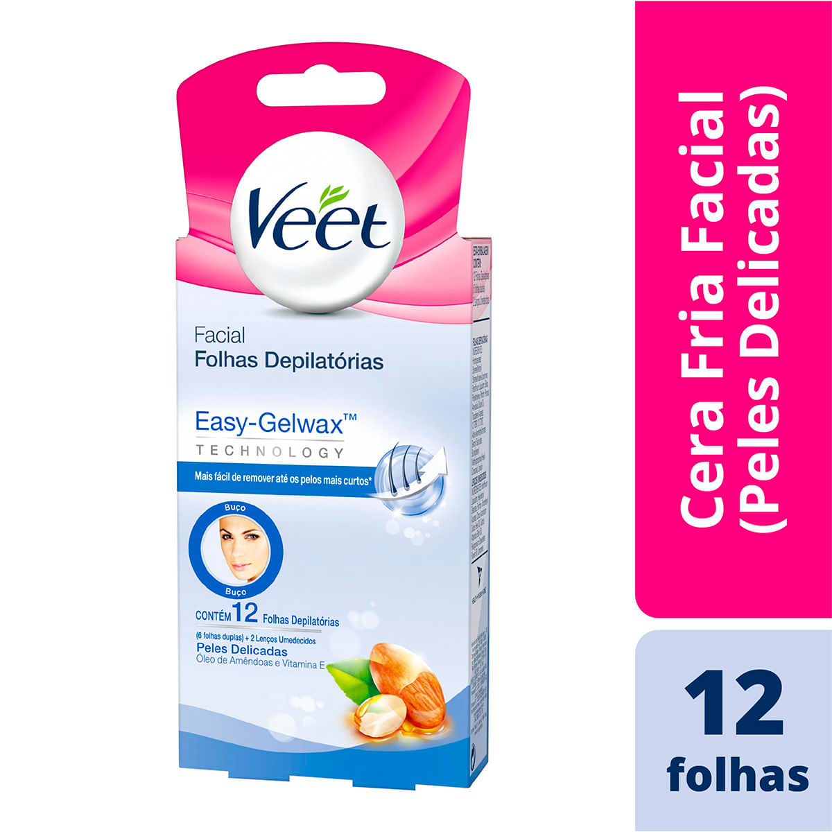 Cera Fria Facial Peles Delicadas com 12 Folhas Depilatórias Veet