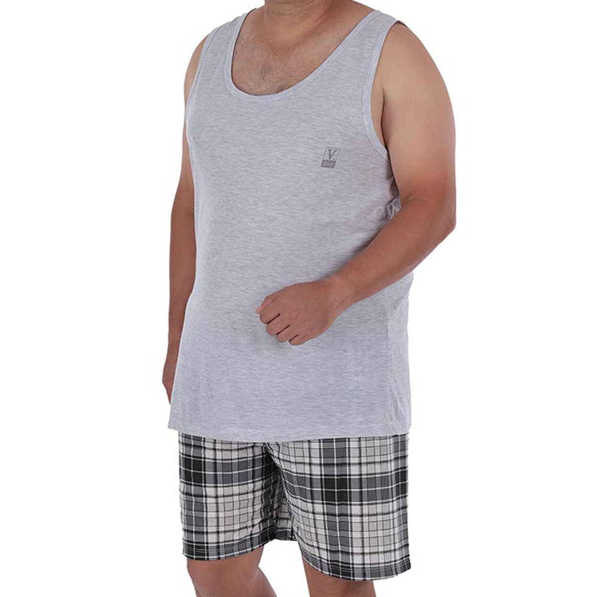 Pijama Xadrez Regata Plus Size em Meia Malha Victory