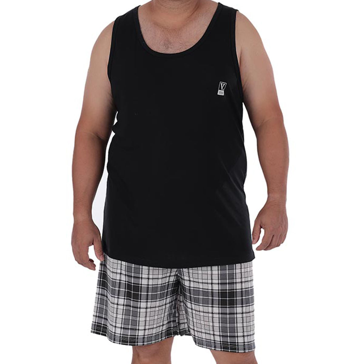 Pijama Xadrez Regata Plus Size em Meia Malha Victory