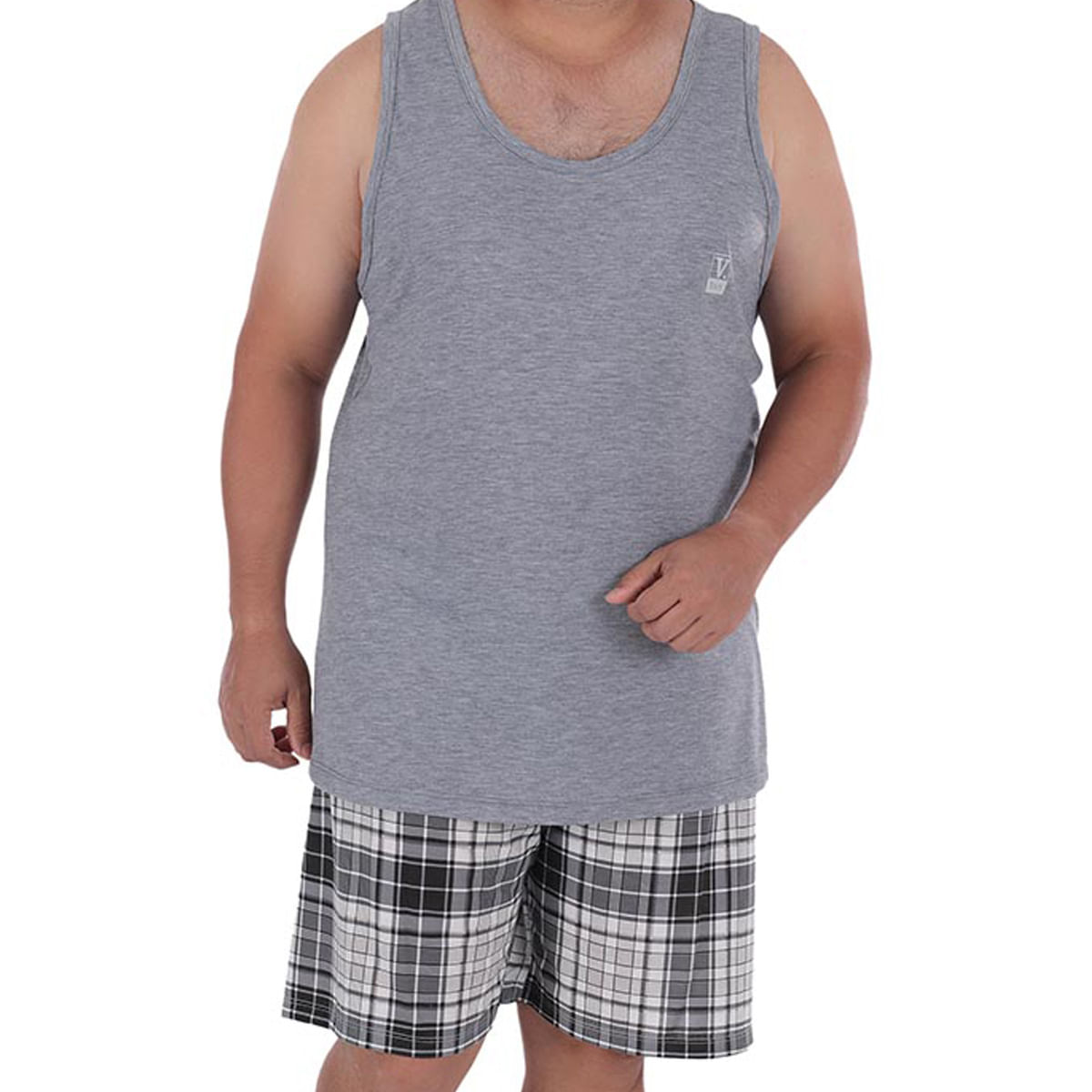 Pijama Xadrez Regata Plus Size em Meia Malha Victory