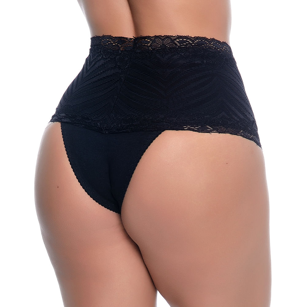 Calcinha Tanga com Cós Largo em Cotton com Detalhes Rendados Yully