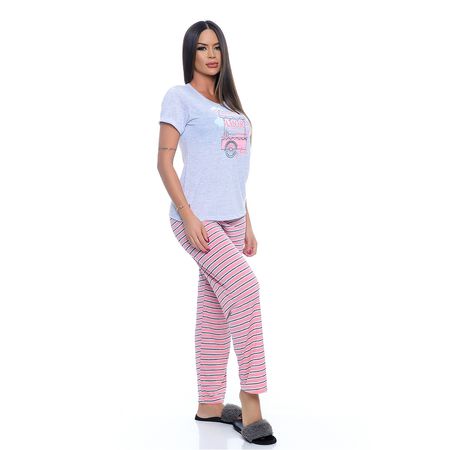 Pijama Calça Listrada e Manga Curta em Meia Malha Victory