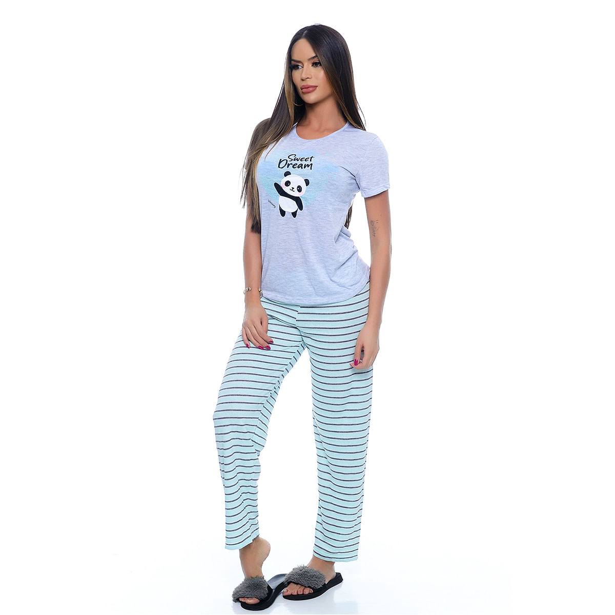 Pijama Calça Listrada e Manga Curta em Meia Malha Victory