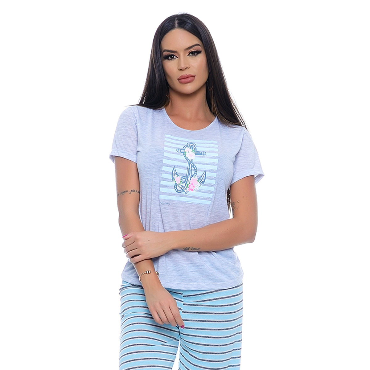 Pijama Calça Listrada e Manga Curta em Meia Malha Victory