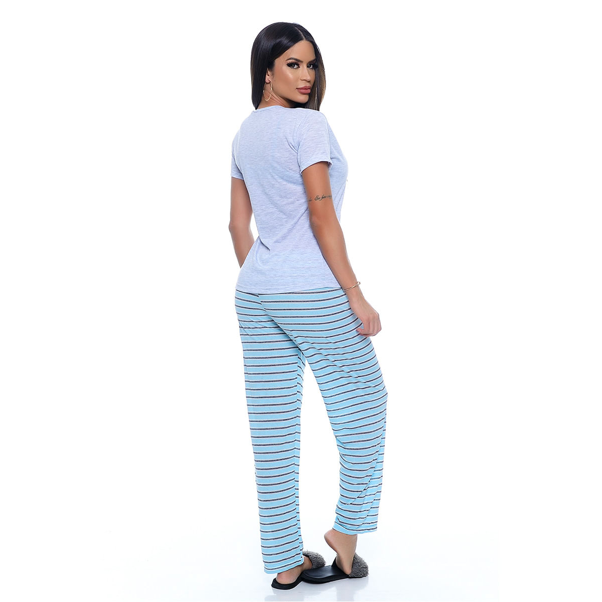 Pijama Calça Listrada e Manga Curta em Meia Malha Victory