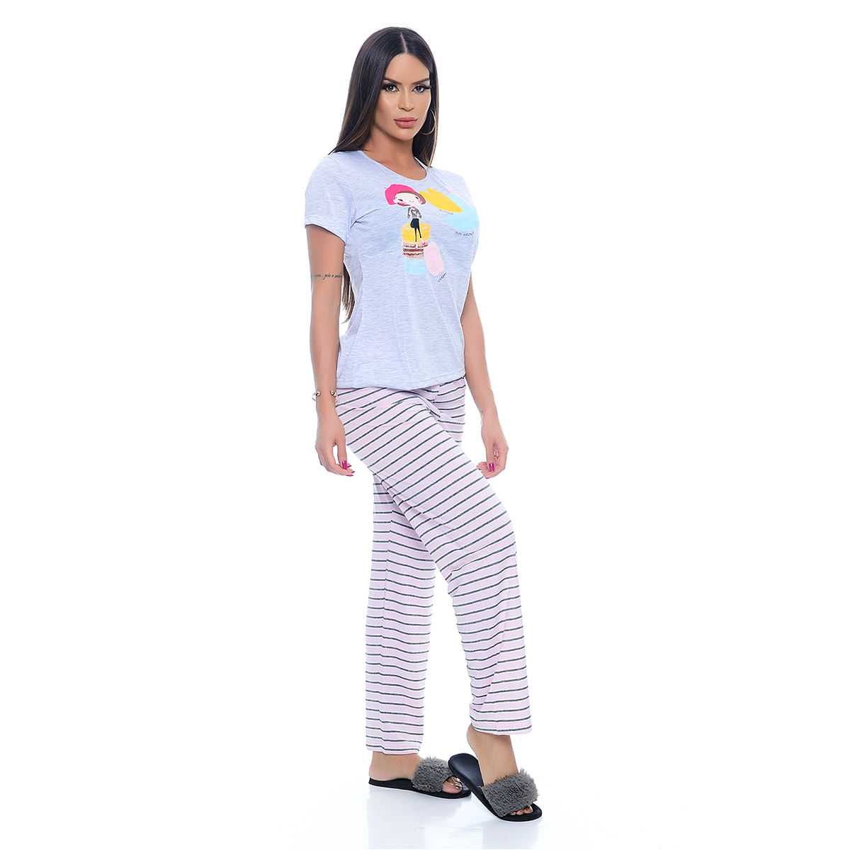 Pijama Calça Listrada e Manga Curta em Meia Malha Victory