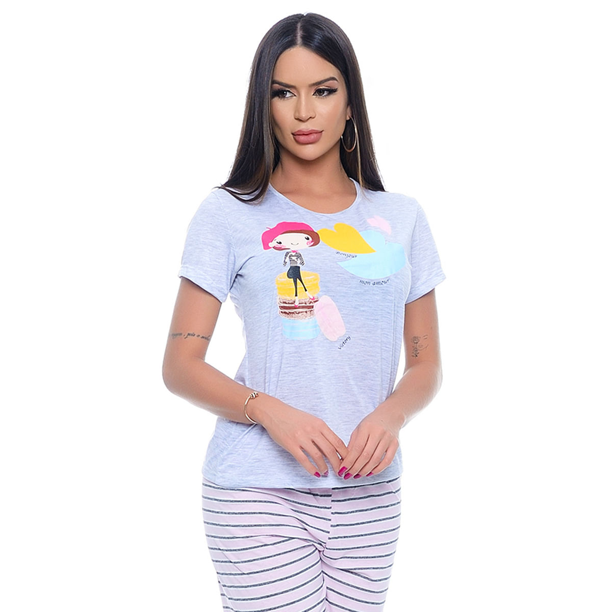 Pijama Calça Listrada e Manga Curta em Meia Malha Victory