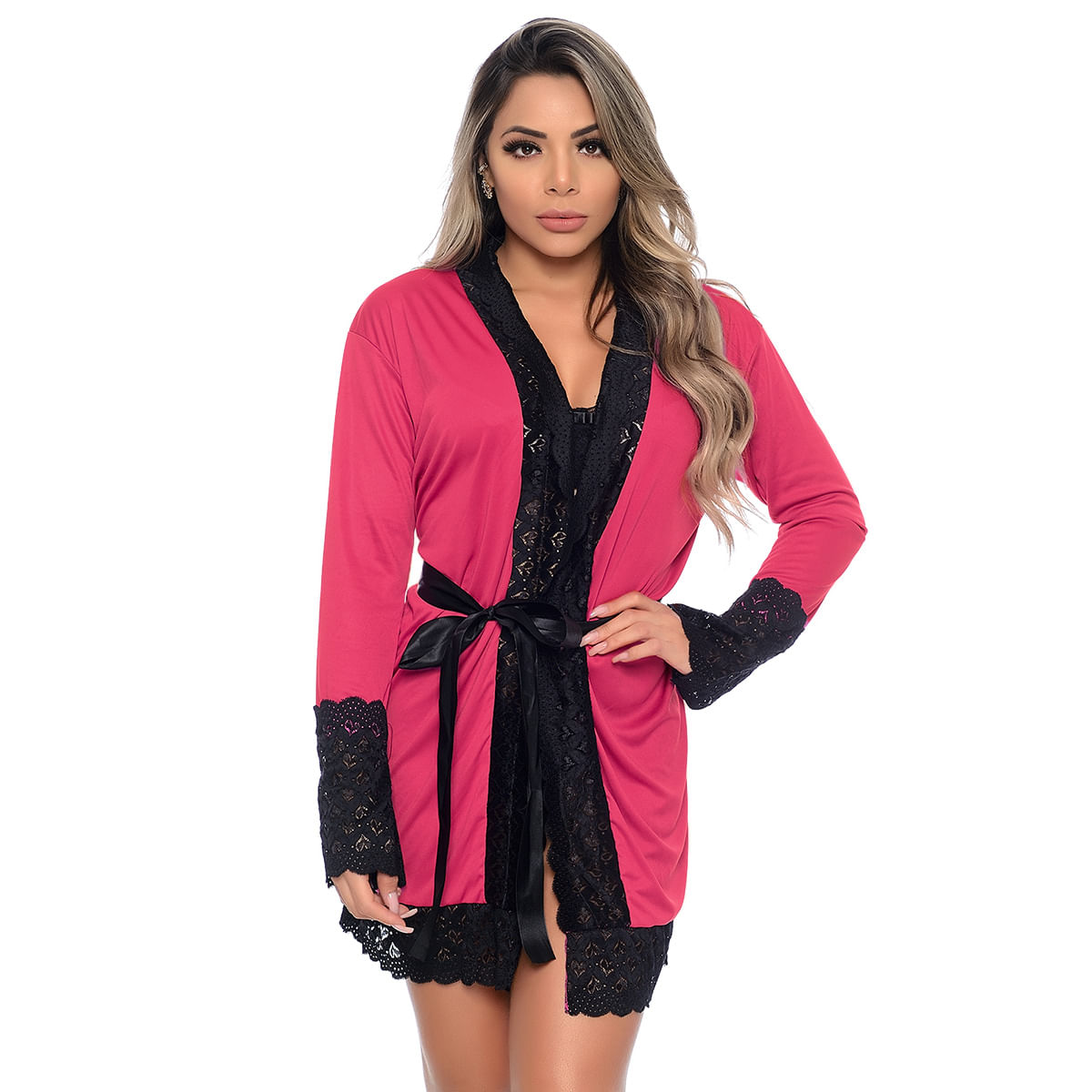 Robe Manga Longa Micrody com Detalhes Rendados Hot Love Robe Manga Longa Micrody com Detalhes Rendados Hot Love