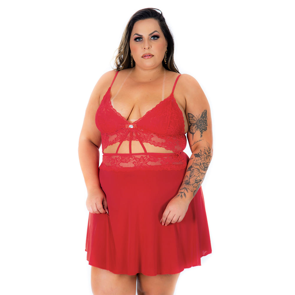 Camisola Joyce Plus Size com detalhes em Renda e Abertura Pimenta Sexy