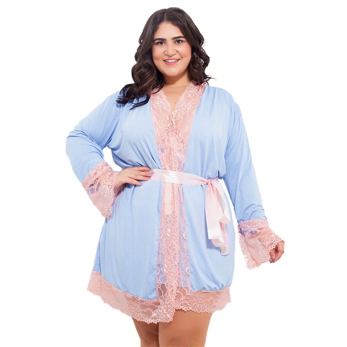 Robe Manga Longa Plus Size com Detalhes em Renda Hot Love Robe Manga Longa Plus Size com Detalhes em Renda Hot Love