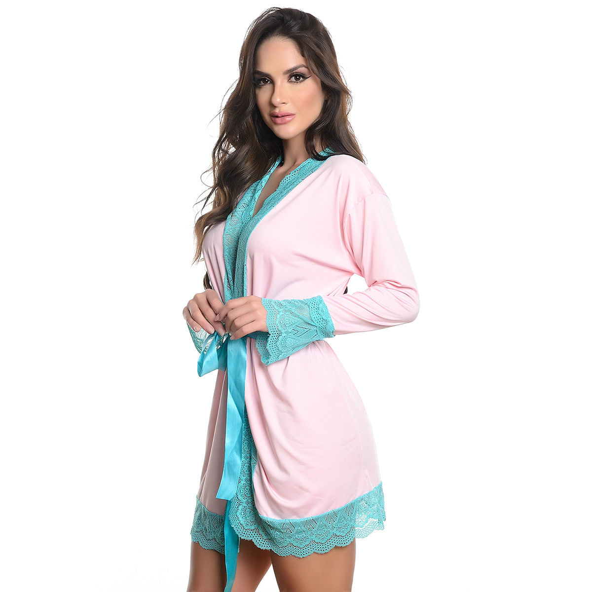 Robe Manga Longa Micrody com Detalhes Rendados Hot Love