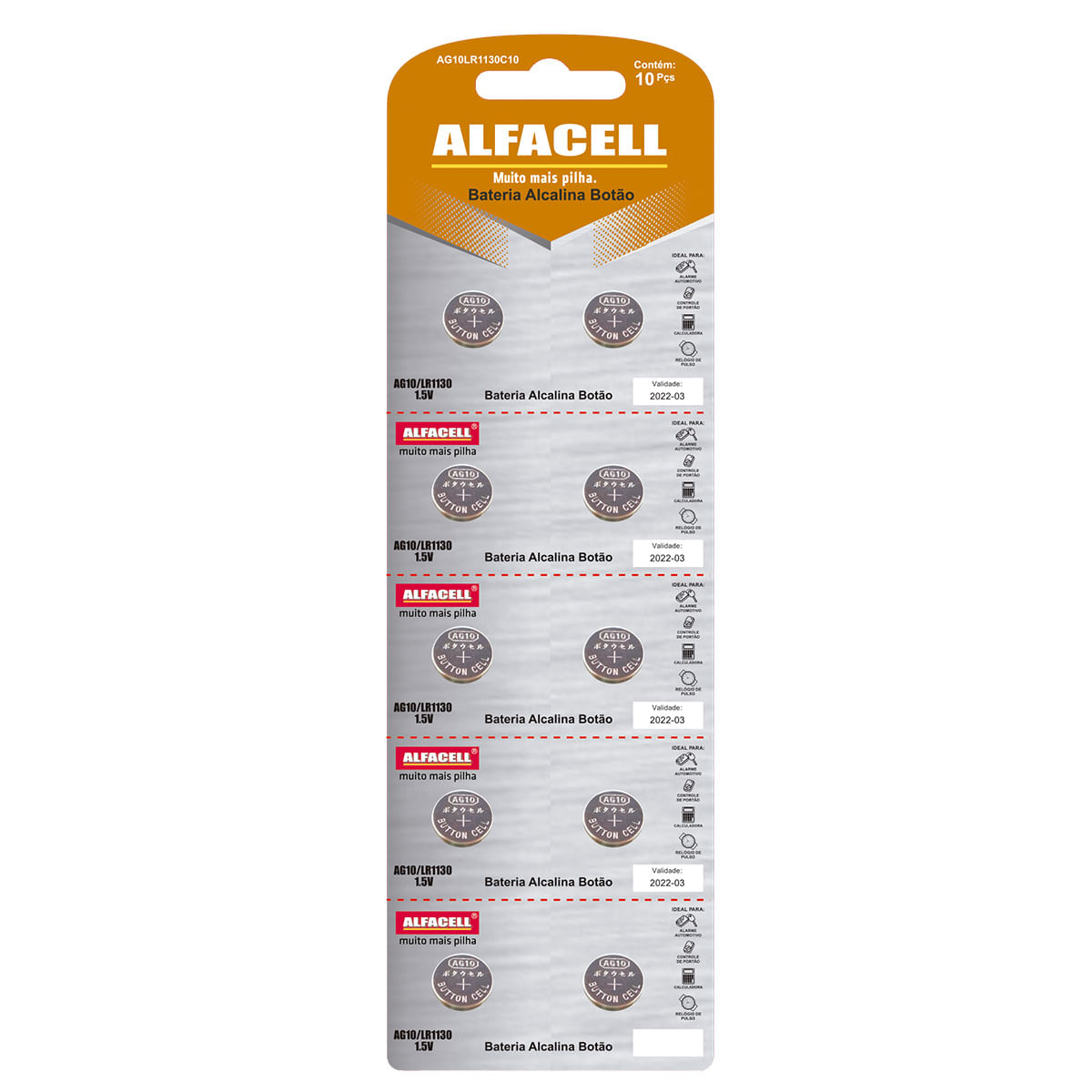 Bateria Alcalina AG10/LR1130 1.5V Cartela com 10 Unidades Alfacell Bateria Alcalina AG10/LR1130 1.5V Cartela com 10 Unidades Alfacell