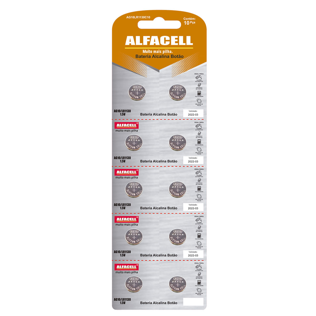Bateria Alcalina AG10/LR1130 1.5V Cartela com 10 Unidades Alfacell