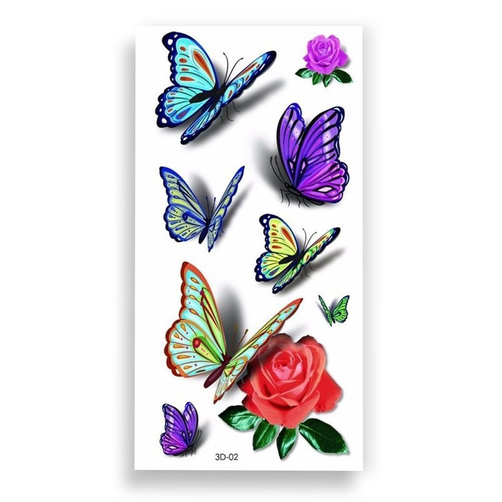 Cartela de Tatuagem Temporária Borboletas e Flores 3D Luvi
