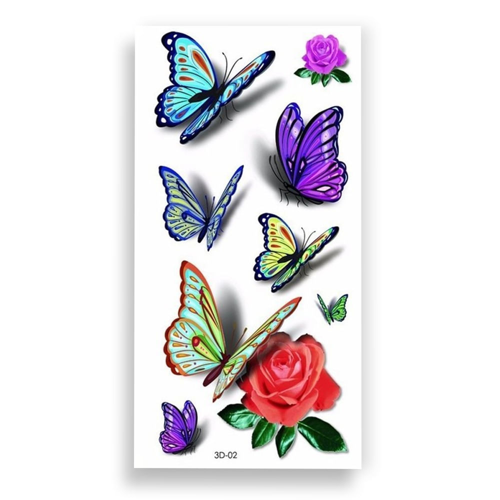 Cartela de Tatuagem Temporária Borboletas e Flores 3D Luvi Cartela de Tatuagem Temporária Borboletas e Flores 3D Luvi