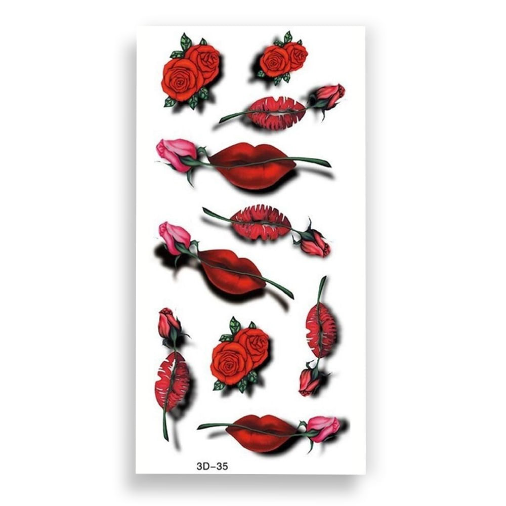 Cartela de Tatuagem Adesiva Temporária 3D Flores e Bocas Luvi Cartela de Tatuagem Adesiva Temporária 3D Flores e Bocas Luvi