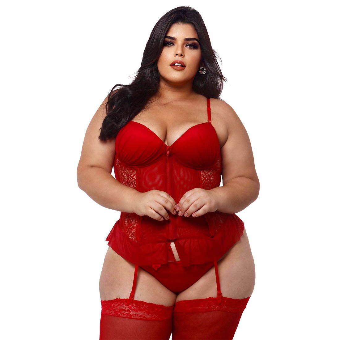 Espartilho Plus Size em Tule com Detalhes em Renda e Zíper Frontal Macler S/Meia