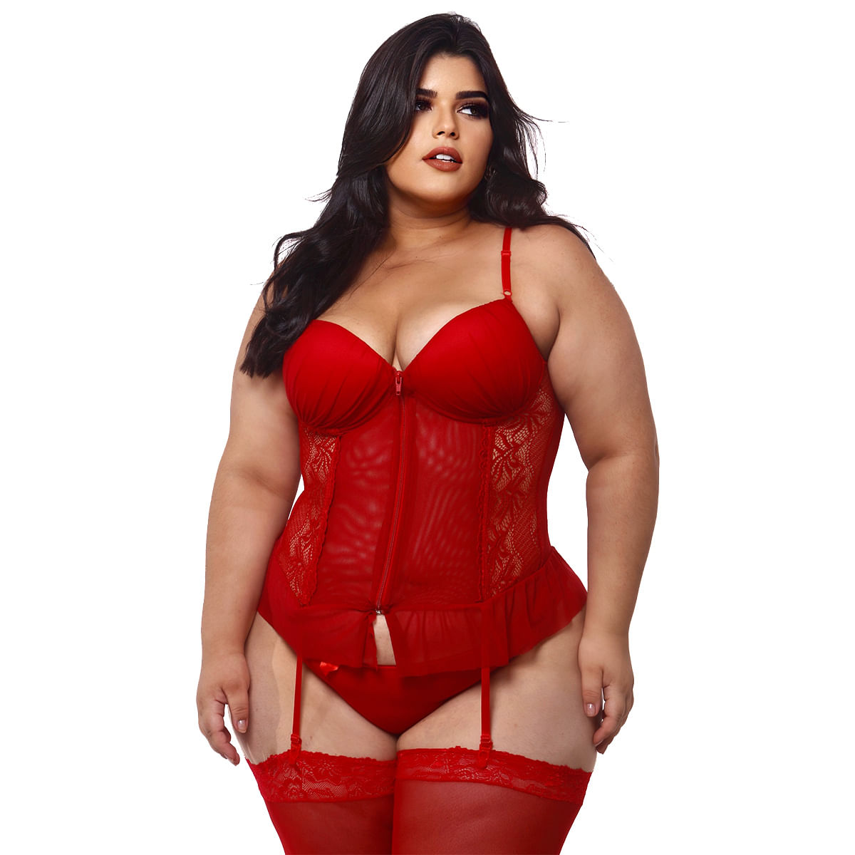 Espartilho Plus Size em Tule com Detalhes em Renda e Zíper Frontal Macler