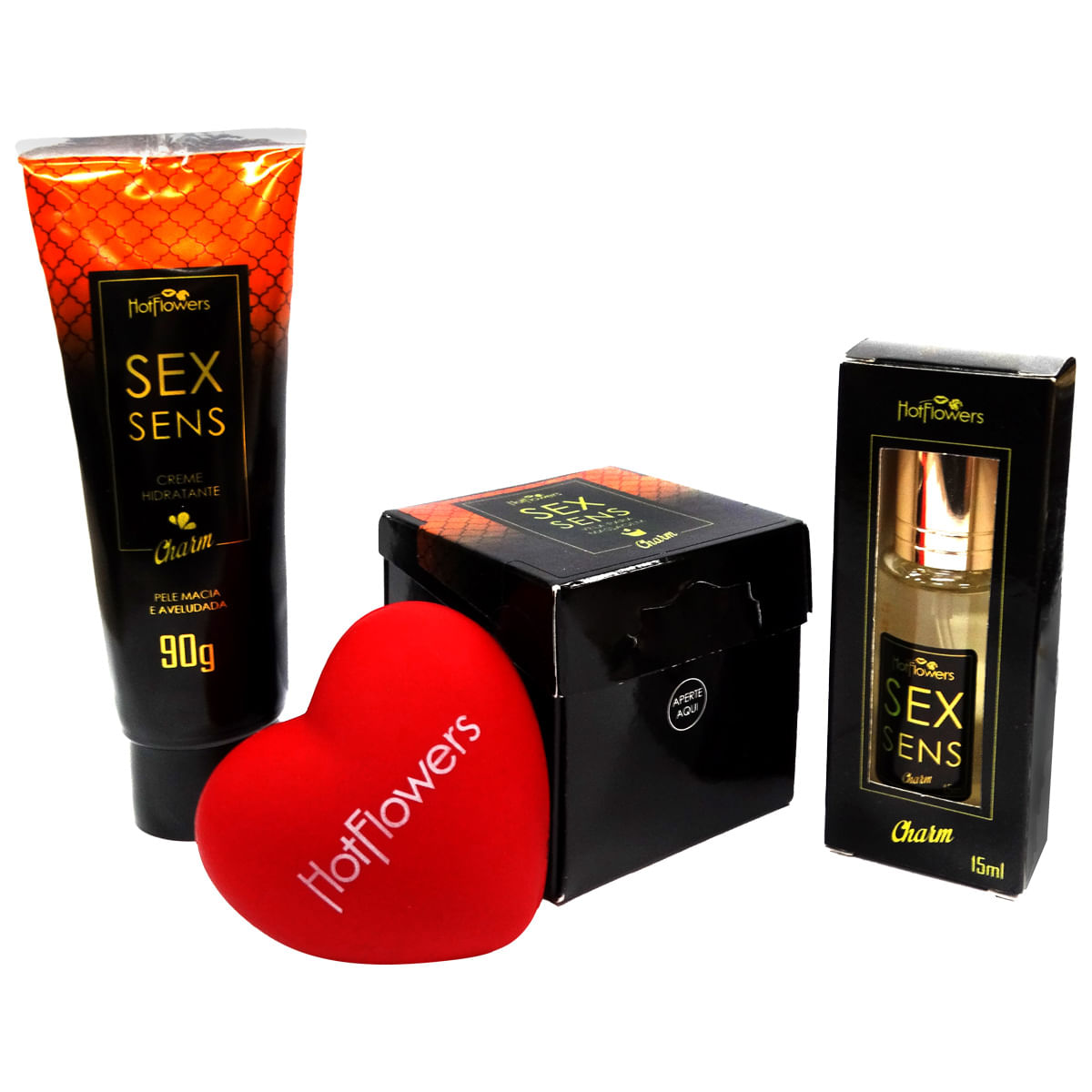 Kit Sex Sens Charm com Vela Creme Perfume e Coração Anti Stress Hot Flowers
