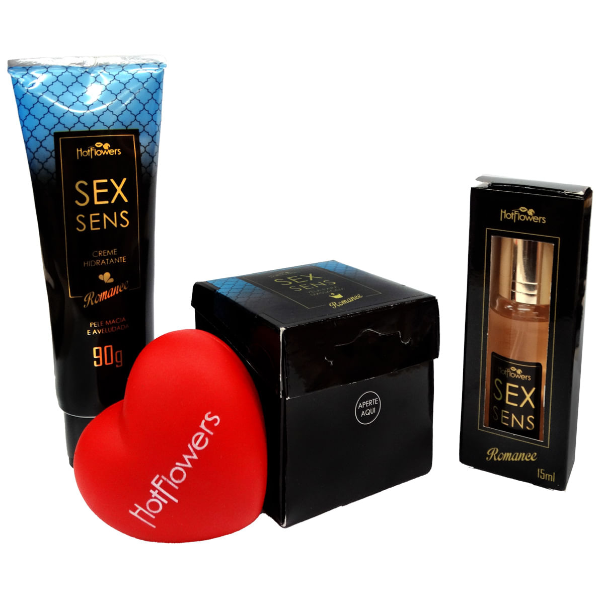 Kit Sex Sens Romance com Vela Creme Perfume e Coração Anti Stress Hot Flowers