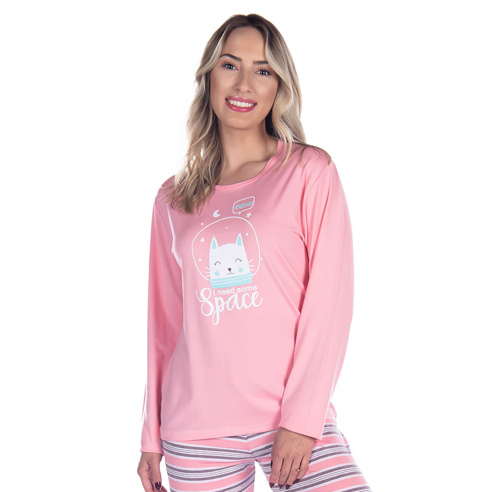 Pijama Suede Feminino Longo Listrado Victory