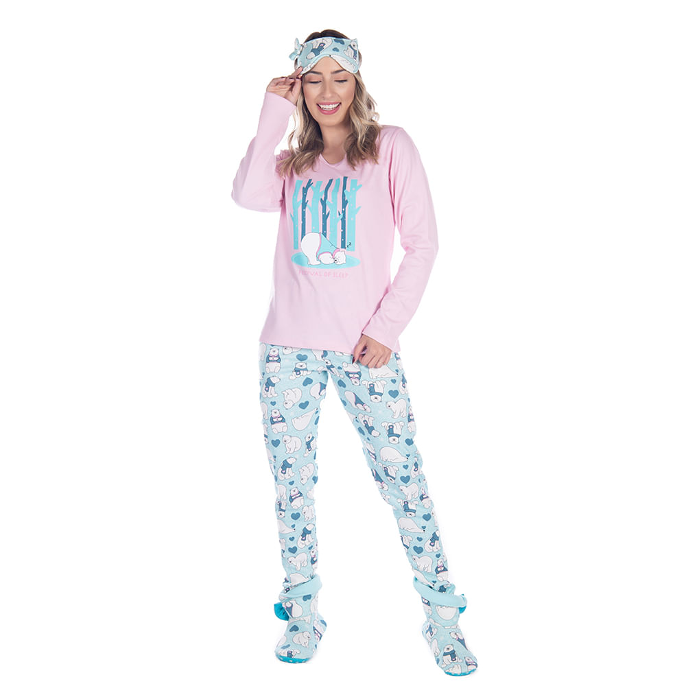 Pijama Sweet Canelado Feminino com Manga Longa e Calça Estampada Coleção Inverno Victory