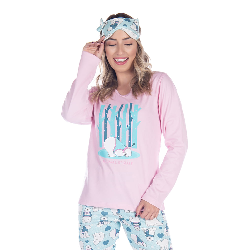 Pijama Sweet Canelado Feminino com Manga Longa e Calça Coleção Inverno Victory