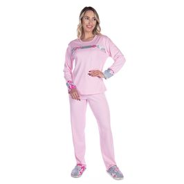 Pijama Canelado Feminino com Manga Longa e Calça em Forro Peluciado Coleção Inverno Victory