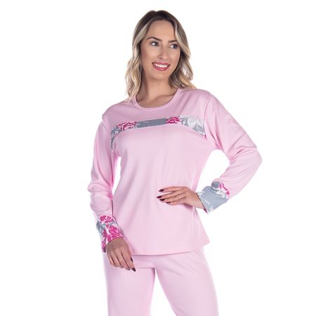 Pijama Canelado Feminino com Manga Longa e Calça em Forro Peluciado Coleção Inverno Victory