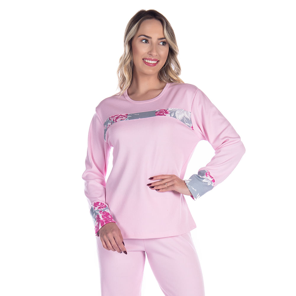 Pijama Canelado Feminino com Manga Longa e Calça em Forro Peluciado Coleção Inverno Victory