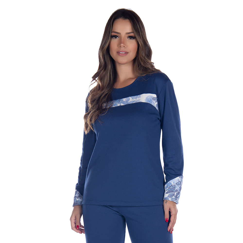 Pijama Canelado Feminino com Manga Longa e Calça em Forro Peluciado Coleção Inverno Victory